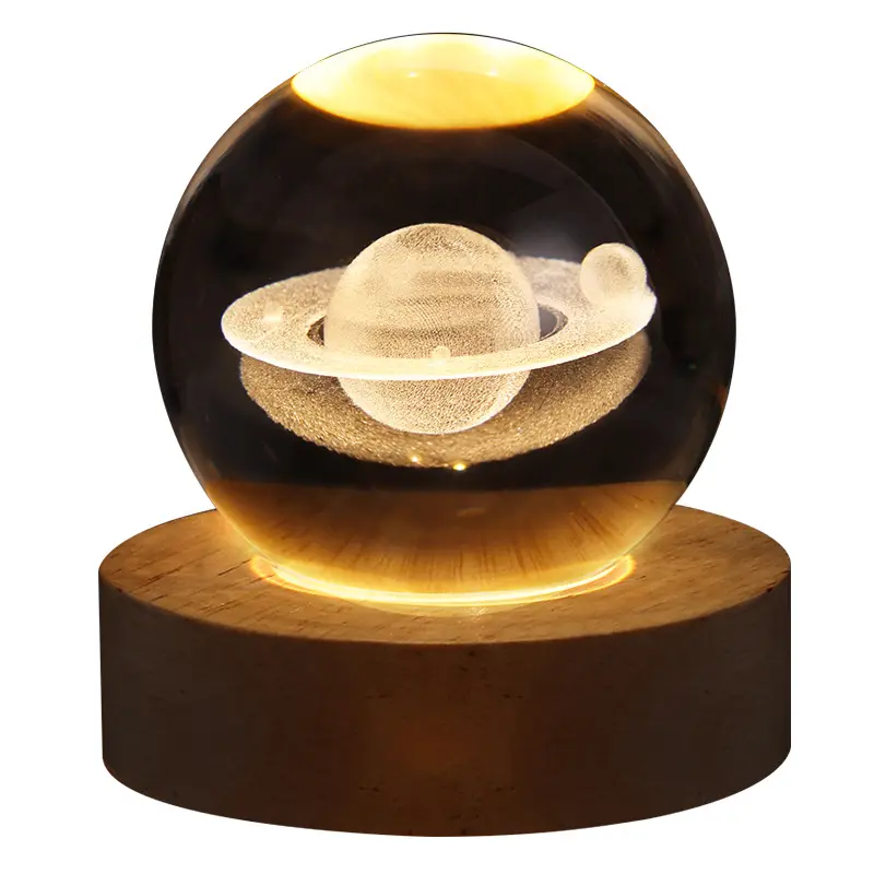Custom Decor Ornaments Moon Planet Solar System Astronaut 3d Art Galaxy Lamp Led Glowing Crystal Ball Night Light With Wood Base