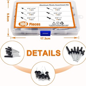 Kit d'assortiment de rivets en aluminium, 100 pièces, rivets creux de 3/16 pouces de diamètre pour l'industrie de la construction - Product Image 1