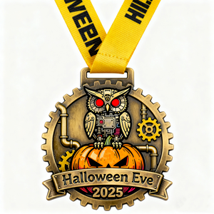 Medaglia di Halloween Personalizzata in Ottone Placcato Argento Antico con Stampa UV e Incisione, Motivo Zucca e <span class=keywords><strong>Gufo</strong></span> - Product Image 3
