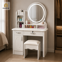 HarmTai JS20 Coiffeuse ronde nordique à LED avec miroir, meuble de rangement écologique et tabouret en bois