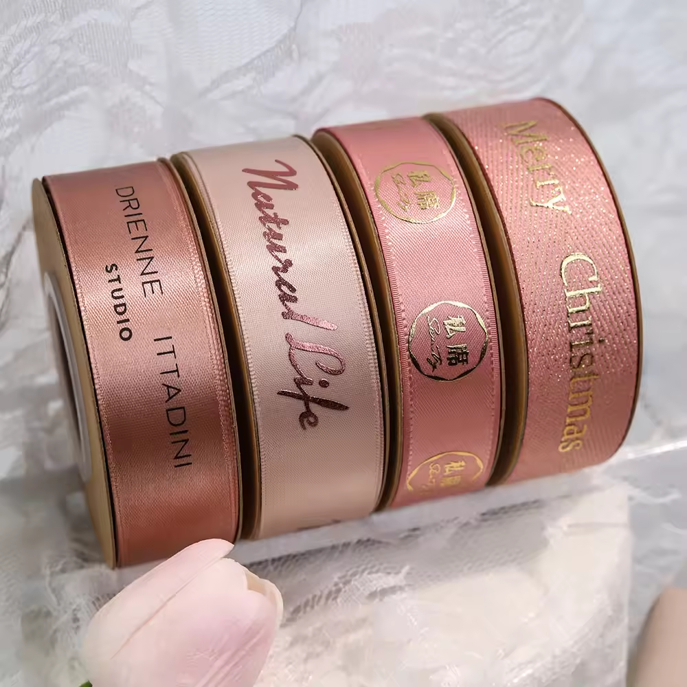 Custom Gold Foil 3d Embossed Printed Gift Polyester Satin Ribbon with logo Gift Packaging Ribbon Embossed logo Ribbon