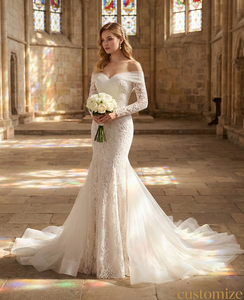 שמלת כלה קיצית <span class=keywords><strong>2026</strong></span> חדשה, בסגנון זנב דג, באורך הרצפה, עם רצועות ספגטי צרפתיות, תחרה קריסטלית, אשליה, פרחים יבשים מהירים - Product Image 2