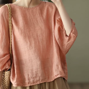 Nuevas camisetas Vintage de <span class=keywords><strong>lino</strong></span> y algodón para <span class=keywords><strong>mujer</strong></span>, Jersey fino de manga de murciélago, blusas informales holgadas, estilo artístico elegante - Product Image 1