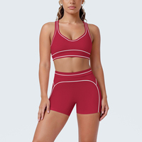 Conjunto de yoga de 2 piezas con ribetes en contraste, sujetador deportivo con cuello en V, pantalones cortos de ciclista de cintura alta con costura en forma de corazón y efecto levantacola, conjunto de entrenamiento, 11 colores