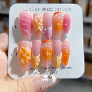 Hecho a mano 10 piezas ABS cubierta completa prensa-en <span class=keywords><strong>uñas</strong></span> postizas forma de almendra 3D flor gradiente prediseñado personalizado flor tallado dedos - Product Image 2