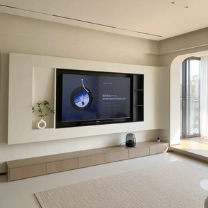 Современный простой деревянный телевизионный шкаф-тумба, складной, со встроенным настенным стеллажом для хранения и винной полкой, для гостиной в стиле фермерского дома или дома. - Product Image 3