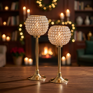 Ensemble de 2 bougeoirs en cristal doré, décoration de table de mariage de luxe, bougeoirs à bougies tealight dorés et brillants - Product Image 1
