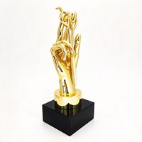 Trophée métallique portable personnalisé, sculpture dorée polie en forme de geste de main, base en cristal noir, prix artistique, cadeaux pour salons professionnels