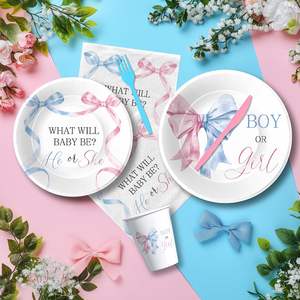 Articles de fête sur le thème du nœud papillon pour révélation du sexe du bébé (garçon ou fille) – Assiettes, gobelets, serviettes et couverts jetables « <span class=keywords><strong>Il</strong></span> ou Elle » - Product Image 5