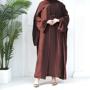 长袖开口Abaya围巾内装3件套优雅时尚中庸马克西连衣裙开衫伊斯兰穆斯林女装