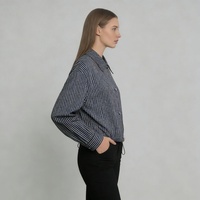 Veste décontractée pour femme en toile de coton respirante, rayée marine, coupe classique, avec cordon de serrage à la taille, col pointu et boutons sur le devant, idéale pour le printemps