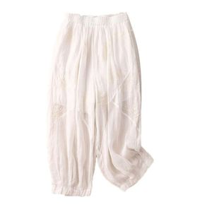 Women's Cotton Linen Harem Pants High Waist <b>Elastic</b> Breathable Retro Embroidery Casual Lantern Pants Gray White Pink - Product Image 5