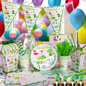 Little Green Dino Décorations de fête d'<span class=keywords><strong>anniversaire</strong></span> Ensemble de vaisselle jetable Fourniture Décorations de <span class=keywords><strong>table</strong></span> et fournitures de fête - Product Image 2
