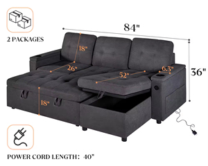 Sofá Cama Extensible con Puerto de Carga USB y Portavasos, Sofá Seccional en Forma de L con Espacio de Almacenamiento, Sofá Cómodo - Product Image 2