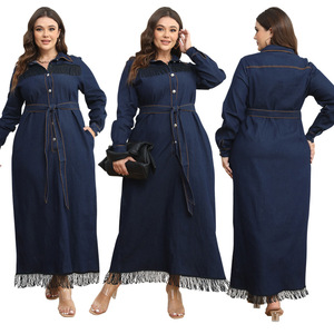 Robe longue élégante en jean boutonnée unie pour femme grande taille, collection automne-hiver, style décontracté, idéale pour le dropshipping - Product Image 6