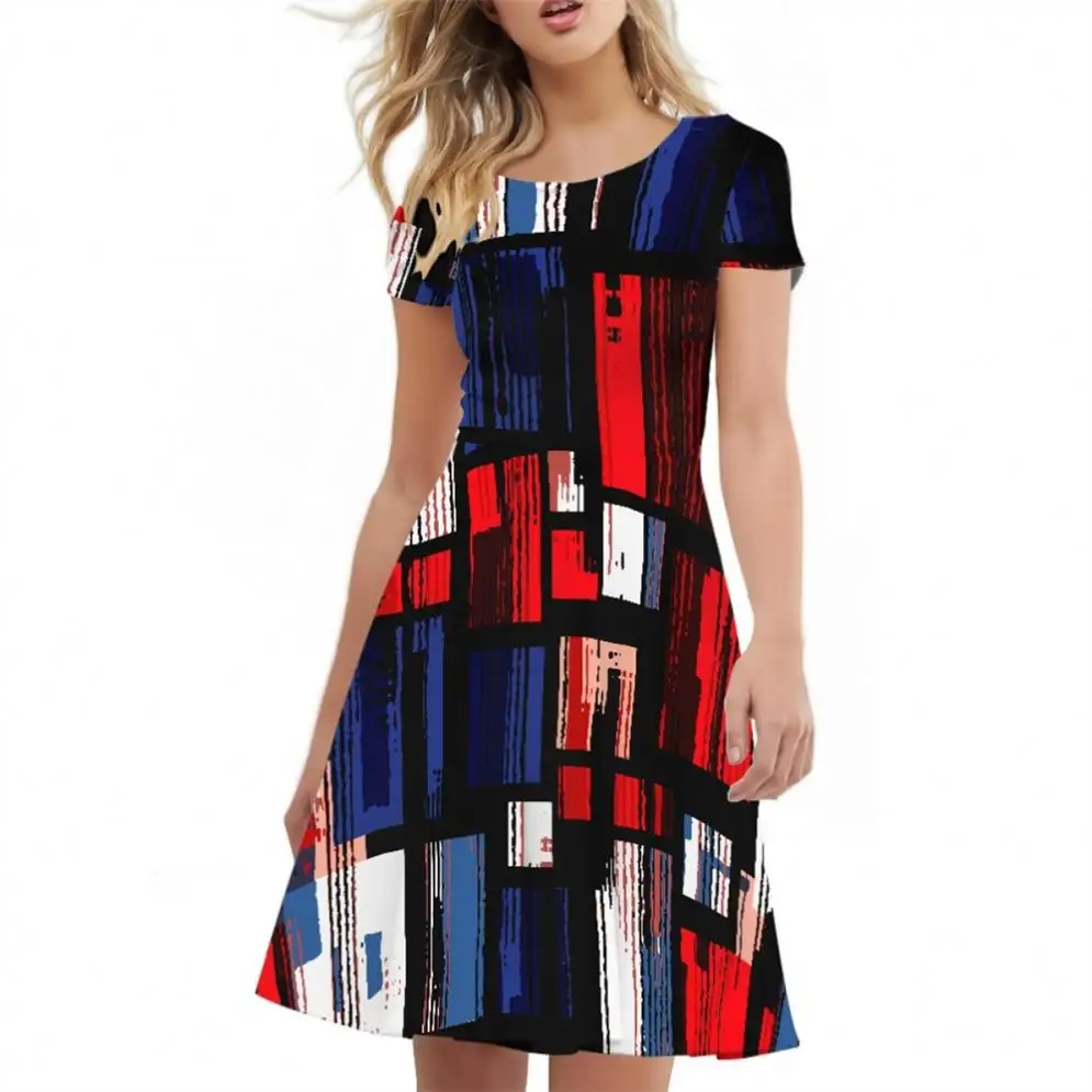 summer dresses for women 2023 Daily Work Office O Neck Short Sleeve Dresses Color Geometry Block Stripe Custom casual Dress 2023