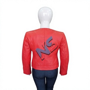 Red Lightweight Cow <b>Leather</b> Bomber <b>Jacket</b> with Front Embossed Logo O-Neck Full Sleeve Women's Autumn - Product Image 2
