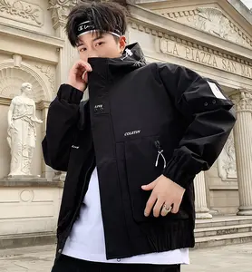 Grosir croptop hoodie jaket korea-Jaket Streetwear Poliester Saku Jaket Angin