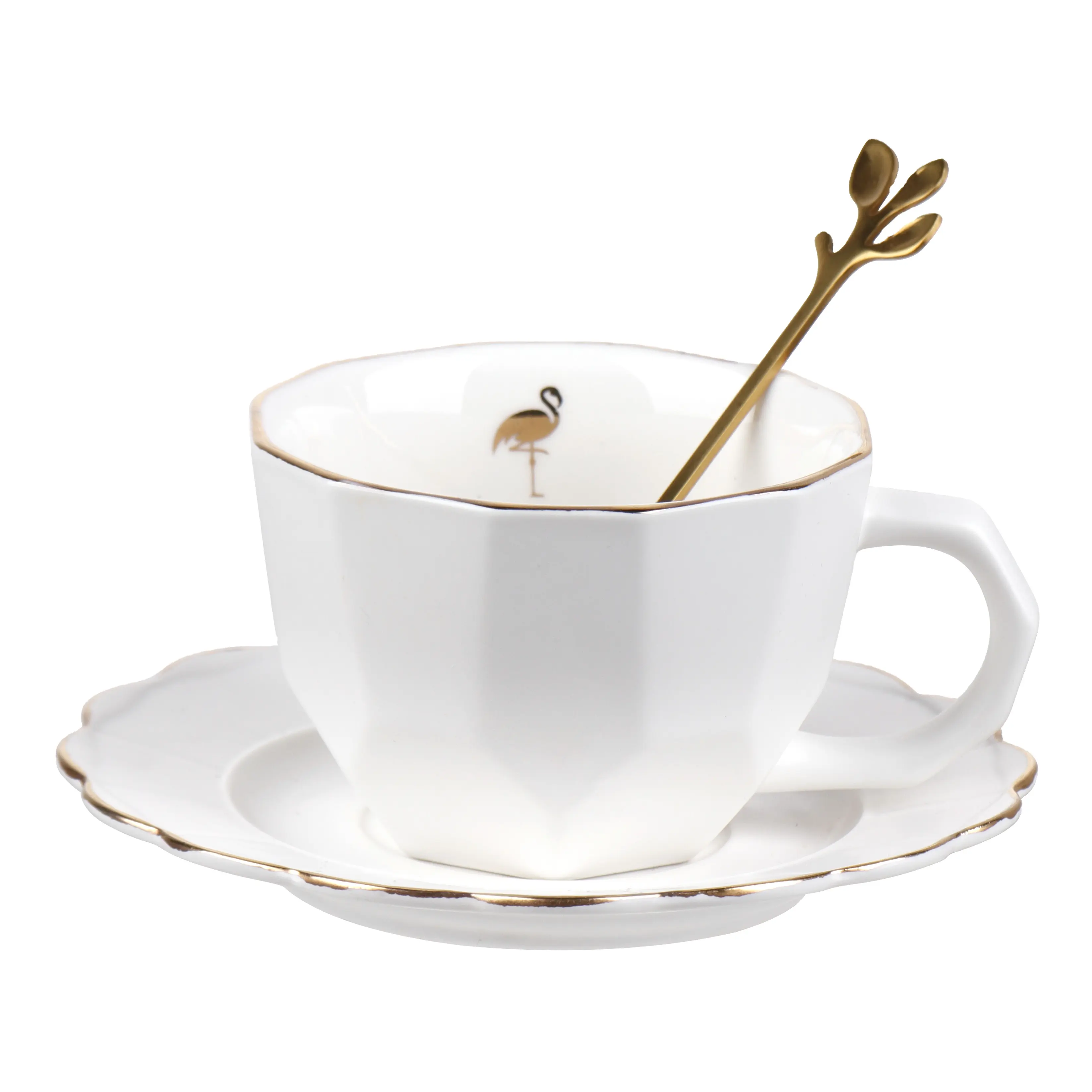 Yeni 200ml beyaz siyah seramik çiçek kahve fincanları altın jant porselen Cappuccino fincan fincan tabağı seti