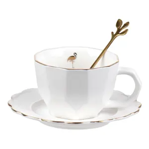 Newest 200ml White Black Ceramic Flower Coffee Cups Gold Rim Porcelain Cappuccino Cup Saucer Set