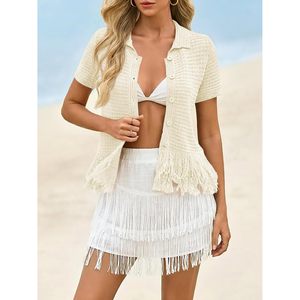 Cárdigan de ganchillo personalizado para mujer, manga corta, con flecos, cuello con botones, suéter, blusas bohemias para vacaciones de verano - Product Image 3