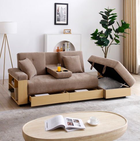 Light Brown + Cotton Linen + Foam + 3 Seat