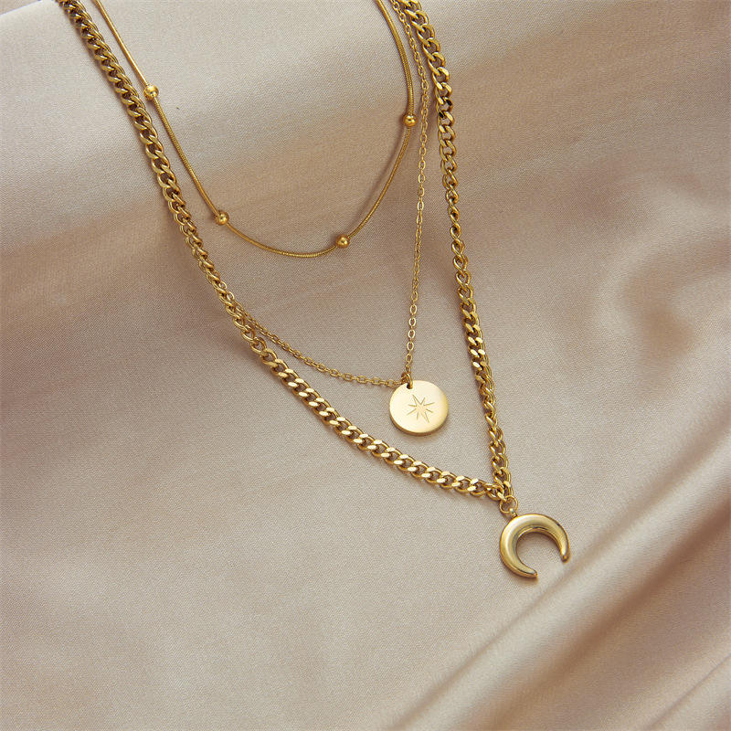 Fashion Jewelry Multiply Layer Moon Star Stainless Steel Gold Chain  Necklace Real Gold Plating Women's Accessories Wholesale