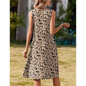 Robe d'été pour femme, imprimé floral, coupe trapèze, longueur midi, sans manches, col rond, décontractée, pour la plage et les vacances, avec poches, tissée respirante - Product Image 6