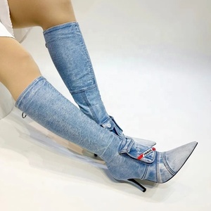 Women Thin High Heel Long Booties Sexy Point Toe Party Knee High Denim Boots Double Pockets Sewing Zipper <b>Shoes</b> - Product Image 6