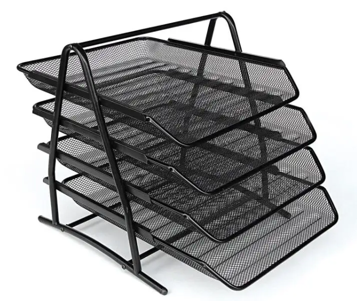 Office Supplies Metal Mesh Collection Folding A4 File Holder Black Desktop Storage 4 Layer Document File Tray for home