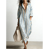 Robe chemise décontractée pour femme, coupe ample, col en V, rayée, manches longues, longueur ras du sol, style plage, collection été 2026, best-seller
