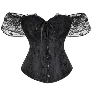 Steampunk Victorian Corset Top Lace Sleeves Chest Binder Bustier Plus Size Lingerie Gorset