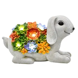 BSCI Factory Polyresin Rabbit with Solar Garden Light Outdoor Decoration