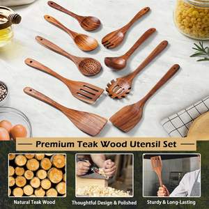 Ensemble de 9 ustensiles de cuisine en bois de teck naturel, finition miroir, manches longs, antiadhésifs, comprenant une cuillère à soupe et une spatule, idéal pour les réceptions - Product Image 6