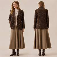Blazer décontracté pour femme en velours côtelé marron brodé floral australien, revers cranté, simple boutonnage, idéal pour le bureau - Collection 2026