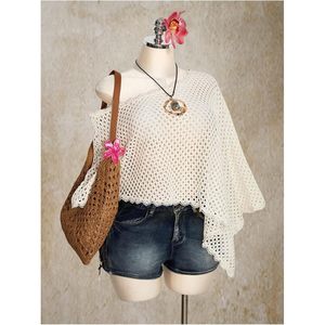 Women's Plus Size Off Shoulder Crochet <b>Poncho</b> Cape Top Bohemian Summer Beach Crop Top Breathable Knitted Short Sleeve - Product Image 5