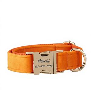 ชุดสายจูงกำมะหยี่แบบแข็งพร้อมโบว์สีส้ม ปลอกคอสุนัขปรับได้ สลักชื่อสัตว์เลี้ยง พร้อมหัวเข็มขัดโลหะ ชุดสายจูงสำหรับลูกสุนัข - Product Image 1