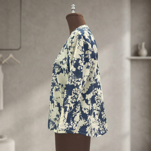 Blusa de Mujer con Estampado Floral, Cuello Mandarín, Manga Tres Cuartos, Botones, Informal, Primavera Verano, Popelina de Algodón - Product Image 3