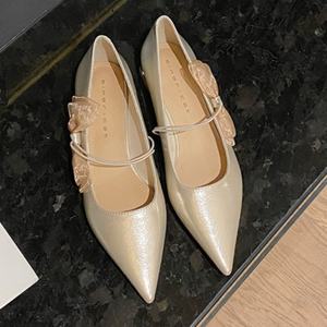 Bailarinas Francesas con Punta en Pico para Mujer, Diseño con Perlas, Patrón Geométrico Impermeable, Parte Superior de Cuero Genuino, Correa Única - Product Image 4