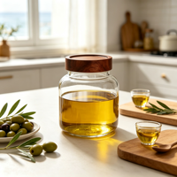 Bocal en verre transparent avec couvercle en bois, hermétique, pour huile d'olive, noix, céréales, aliments secs, organisateur de cuisine - Vente en gros usine