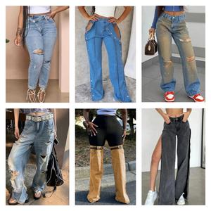 Celana Denim lurus elastis untuk wanita, celana Denim tengah pinggang elastis, celana <span class=keywords><strong>Jeans</strong></span> Vintage pinggang elastis, celana pengiriman acak, grosir - Product Image 3