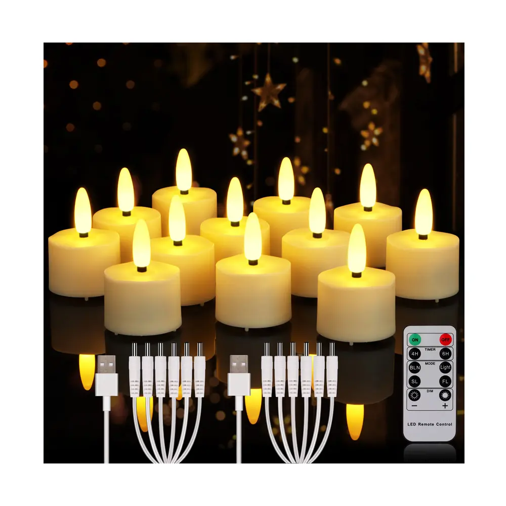 12pcs/set Flickering Battery Powered Candle Light Flameless Rechargeable Led Tea Light Candles With Timer