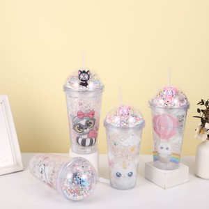 450ml Kawaii Unicorn Cat Print Double Wall <b>Plastic</b> Tumbler with <b>Straw</b> Dome Lid Pom Pom Beads & Pink Cat Figurine for Girls - Product Image 4
