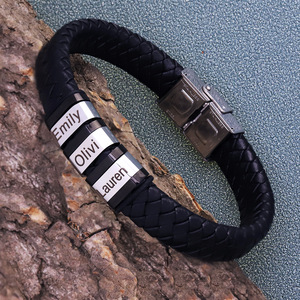 Bracelet en cuir tressé avec 3 breloques et boucle en acier inoxydable |   Logo personnalisé disponible avec options de gravure - Product Image 2