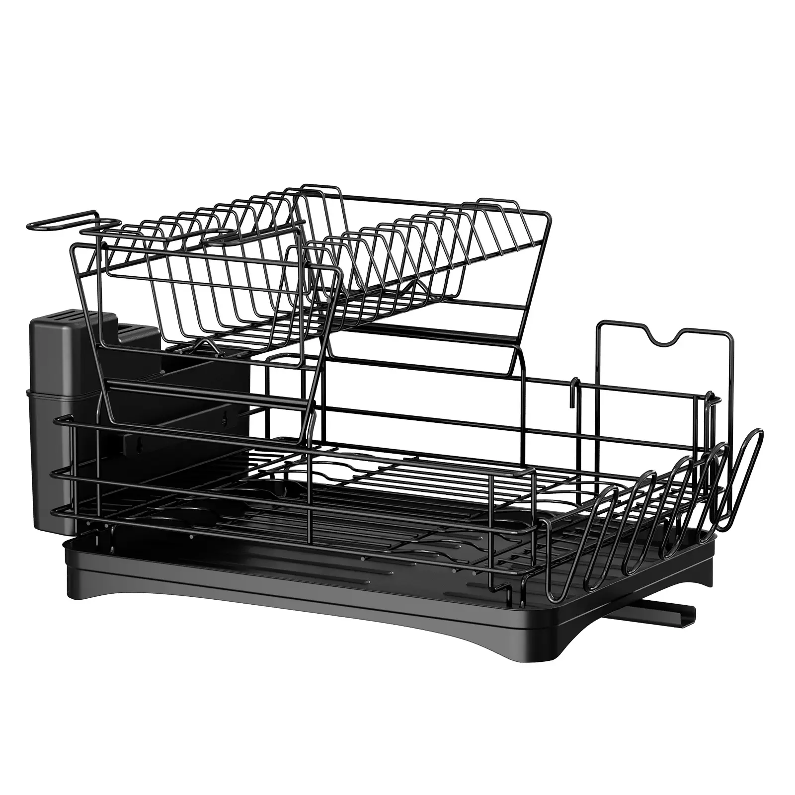 Kitchen Counter Stainless Steel 2 Tier Auto-draining Tray Dish Drainer Black Dish Drying Rack with Drainboard Set