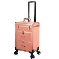 Valise de maquillage professionnelle à roulettes avec 2 tiroirs pour le rangement des cosmétiques, chariot de voyage avec séparateurs réglables