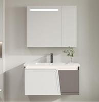 Meuble-lavabo de salle de bain mural en PVC blanc avec vasque intégrée, miroir, rangement, poignées et fermeture douce – Projet OEM/ODM personnalisé
