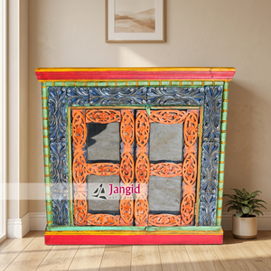 Armoire de rangement vintage en bois massif peinte à la main avec porte sculptée, meuble artisanal pour cuisine et salon - Product Image 5