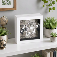 Kotak pajangan kayu handmade Adventure Fund White Shadow Box dengan bingkai kayu dan logo custom untuk penggunaan di rumah & kantor