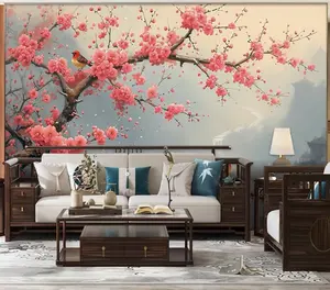Chinese Stijl 8d 3d Tv Achtergrond Wanddoek Bloem En Vogel Woonkamer Muur Stof Interieur Decoratie Wandbekleding